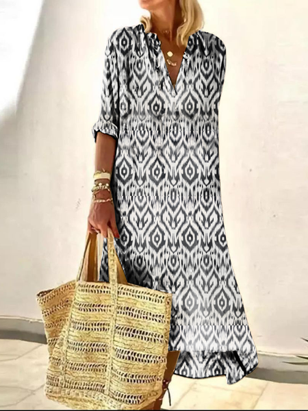 

Dritto Maniche Lunghe Abito Misto Cotone, Nero-bianco, Maxi Dresses