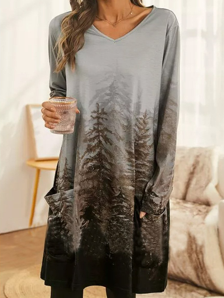 

Casual Plants Long Sleeve Dress, As picture, Midi Dresses