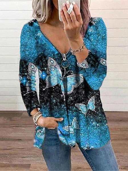 

Printed V neck Long Sleeve Casual T-shirt, Light blue, T-Shirts