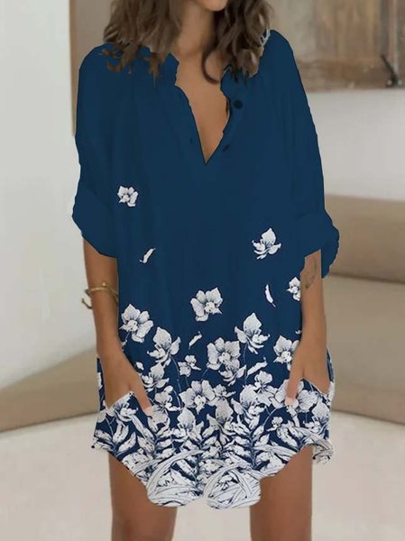 

Vacanza Floreale Maniche Lunghe Abito, Blu, Mini Dresses