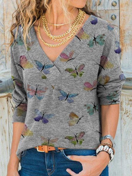

Felpa Maniche Lunghe Scollo a V Statement Stampato, Grigio, T-Shirts