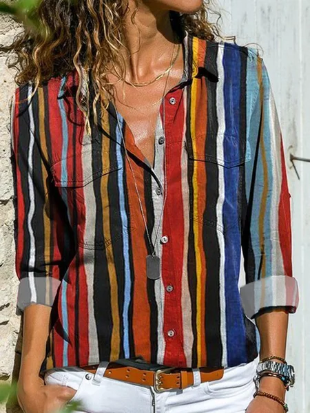

Multicolor Stripes Printed Casual Long Sleeve Shift Shirts & Tops, Blouses & Shirts