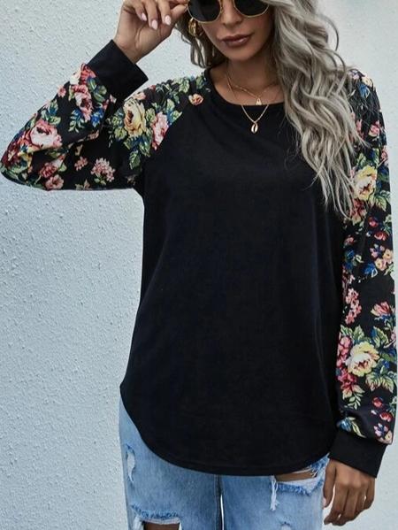 

Long Sleeve Vintage Floral Paneled Sweatshirt, Black, Sweatshirts & Hoodies