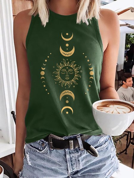 

Sun And Moon Graphic Sleeveless Casual Tank Top, Dark green, Tank Tops