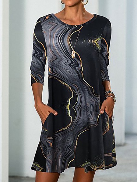 

Casual Geometric Printed Round Neck Long Sleeve Boho Dresses, Black, Tie dye dress
