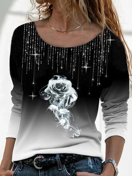 

Nero Floreale Ombre/Tintura a nodi Stampato Strass Casuale Maniche Lunghe Dritto Camicie & Top, Blouses & Shirts