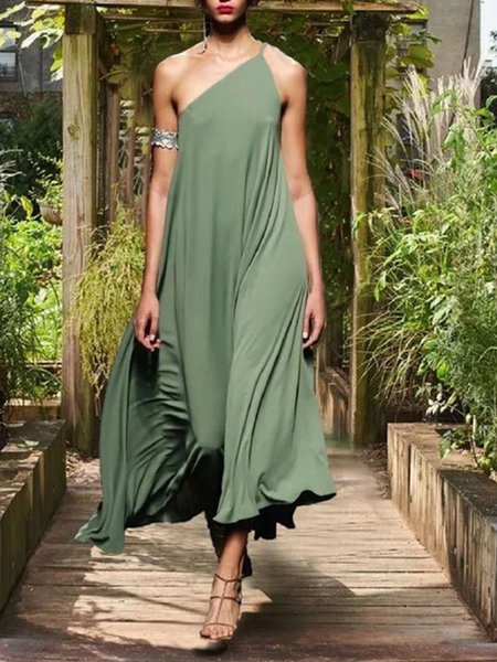 

Vintage Solid Sleeveless One Shoulder Dresses, Green, Dresses