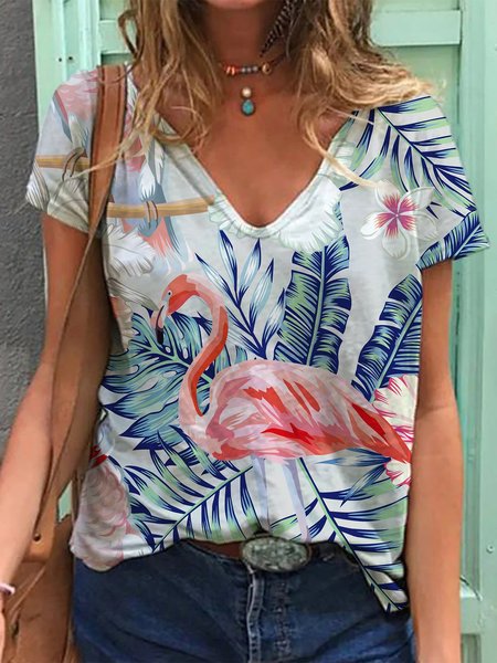 

Flamingo V-neck T-shirt Women Animal Printed Short Sleeve Tee, White, T-shirts