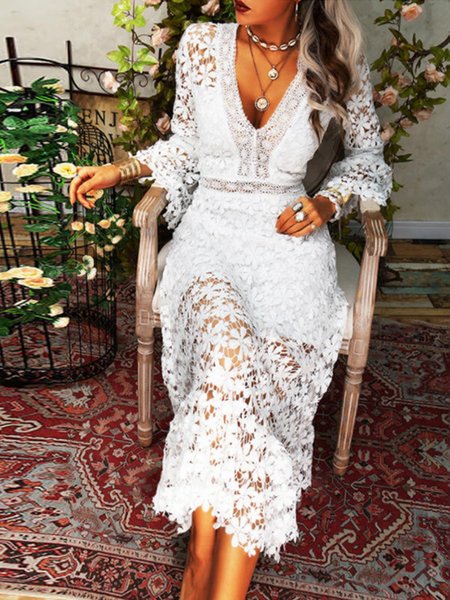 

Elegant Lace Solid V Neck Dress, White, Midi Dresses