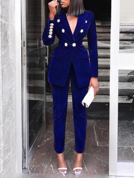 

Elegant Velvet Solid Suits, Blue, Pants Set