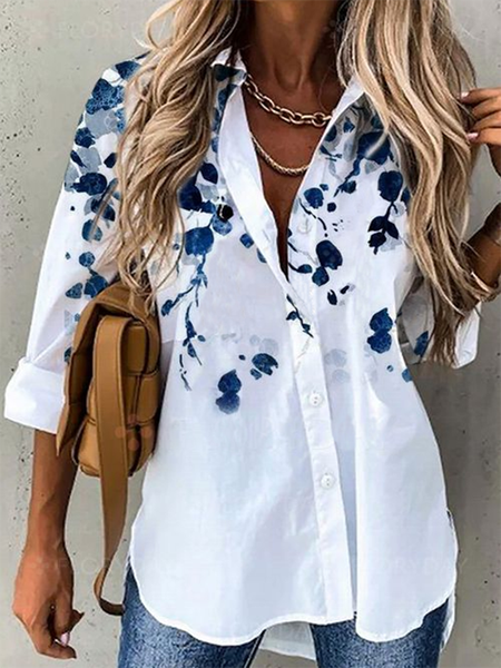 

Maniche Lunghe Stampato Floreale Colletto a Camicia Casuale Top, Bianco, T-Shirts