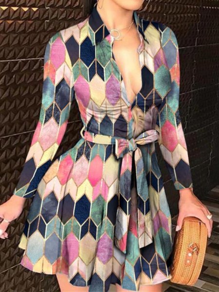 

Holiday Long Sleeve Printed Geometric Dress, As picture, Mini Dresses