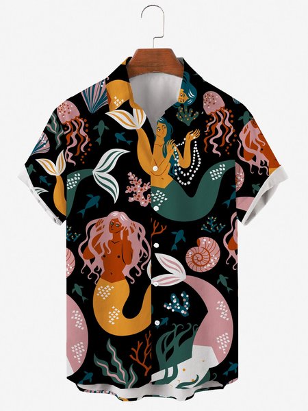 

Mens Mermaid Print Casual Lapel Short Sleeve Hawaiian Shirts, Black, Men's Floral shirt