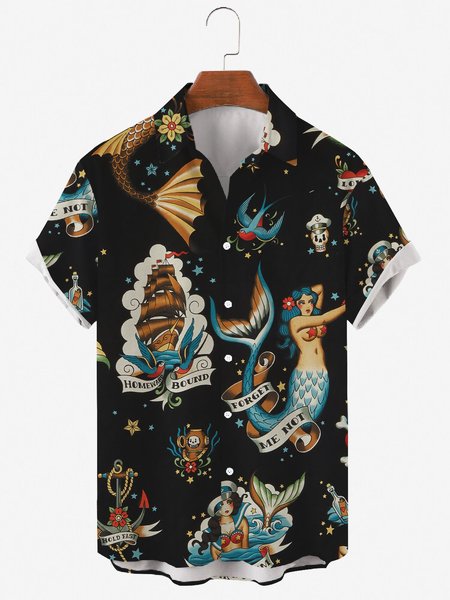 

Mens Mermaid Print Casual Lapel Short Sleeve Hawaiian Shirts, Black, Men's Floral shirt