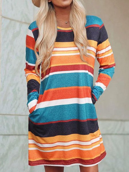 

Crew Neck Vintage Pockets Long Sleeve Dresses, Multicolor, Dresses