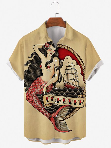 

Mens Mermaid Print Casual Lapel Short Sleeve Hawaiian Shirts, Khaki, Men's Floral shirt