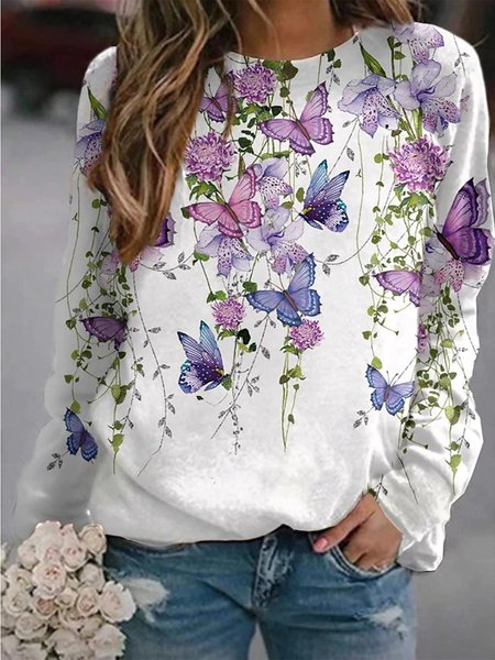 Women's Pullover Floral Butterfly Print Daily Active Sweatshirts, White, Sweatshirts & Hoodies
