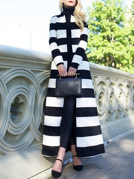 

A-Line Long Sleeve Elegant Outerwear, White-black, Coats