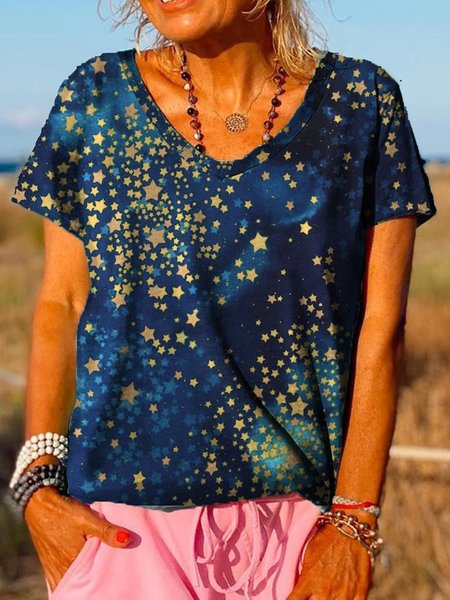 

Cotton-Blend Short Sleeve V Neck Tops, Blue, T-shirts