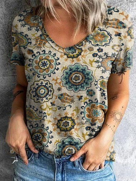 

Floral-Print Casual Crew Neck Tribal T-shirt, Multicolor, Blouses & Shirts