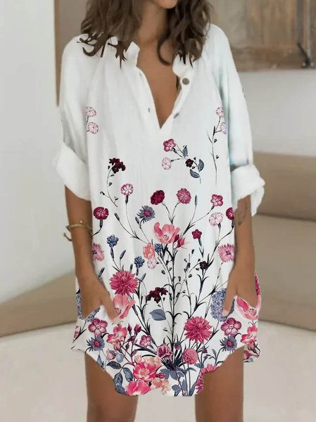 

Floral Long Sleeve Weaving Dress, White, Mini Dresses