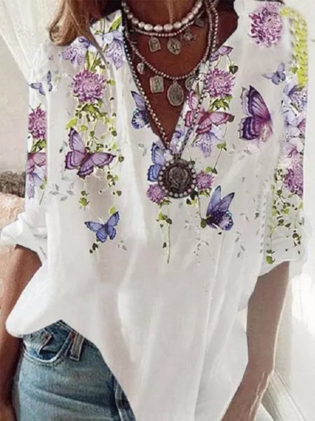 

Casual V Neck Printed Cotton-Blend Blouse, White, Blouses & Shirts