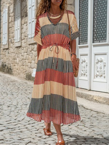 

Abito A-line Scollo a V Bohemian Cotone, Colore 1, Midi Dresses