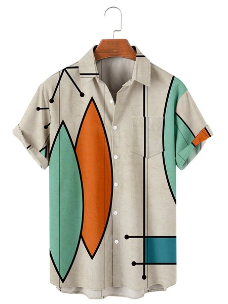 

Pockets Shirt Collar Geometric Shirts, Light gray, Shirts ＆ Blouse
