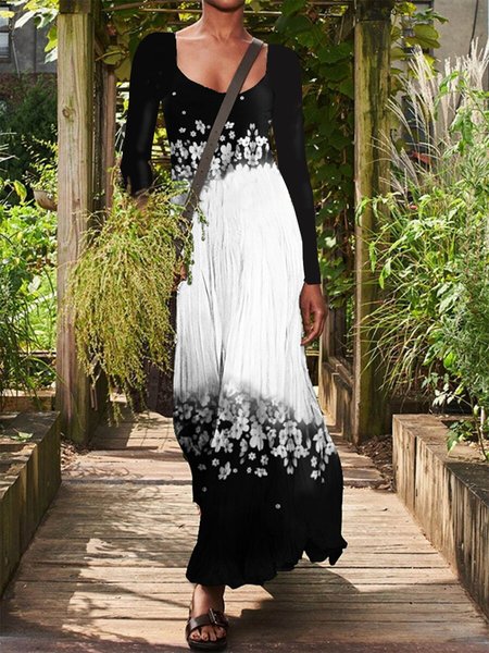 

A-Line Holiday Floral-Print Long Sleeve Dresses, White-black, Tie dye dress