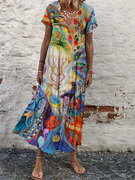 

Misto Cotone Vacanza Scollo a V Abito, Multicolore, Maxi Dresses
