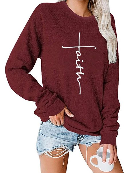 

Casuale Maniche Lunghe Girocollo Lettera Felpa, Vino rosso, T-Shirts