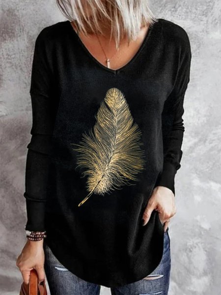 

Ladies Long Sleeve Bronzed Feather Print Casual T-shirt, Black, Blouses & Shirts