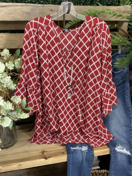 

3/4 Manica Geometrico Camicie & Top, Rosso, Blouses & Shirts