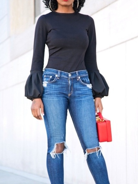 

Summer Fall Daily A-line Crew Neck Long Sleeve Cotton Simple Tops, Black, Blouses and Shirts