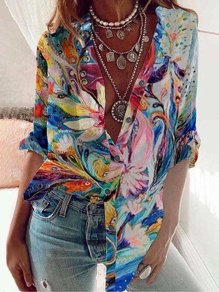 

Long Sleeve Cotton-Blend Casual Shirts & Tops, Multicolor, Blouses & Shirts