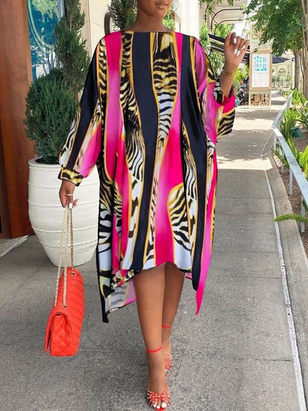 

Shift Long Sleeve Printed Casual Dress, As picture, Midi Dresses
