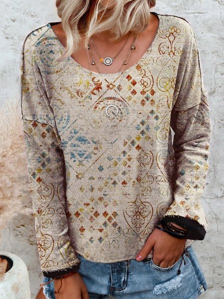 

Maniche Lunghe Girocollo Tribale Dritto Camicie & Top, Beige, Blouses & Shirts