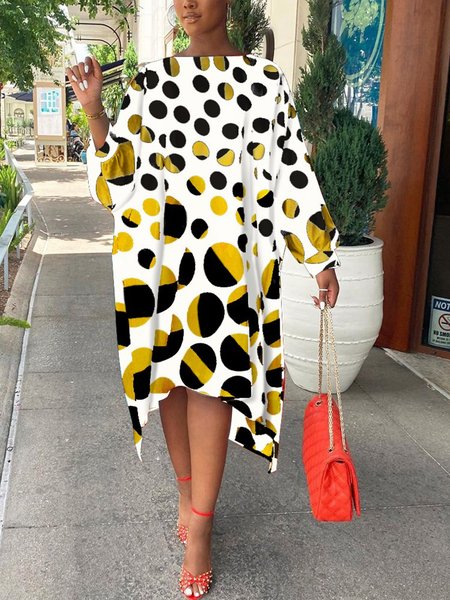 

Printed Long Sleeve Crew Neck Dress, White, Midi Dresses