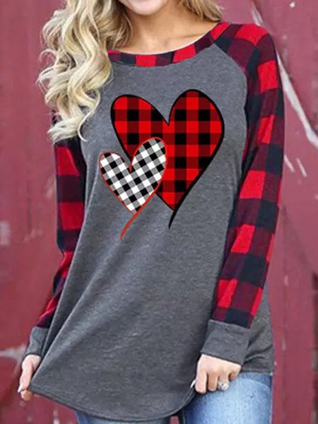 

Plaid Splicing Heart Long Sleeve Shirts & Tops, Gray, Long sleeves