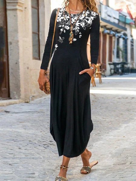 

Shift Long Sleeve Crew Neck Floral Dress, Black, Maxi Dresses