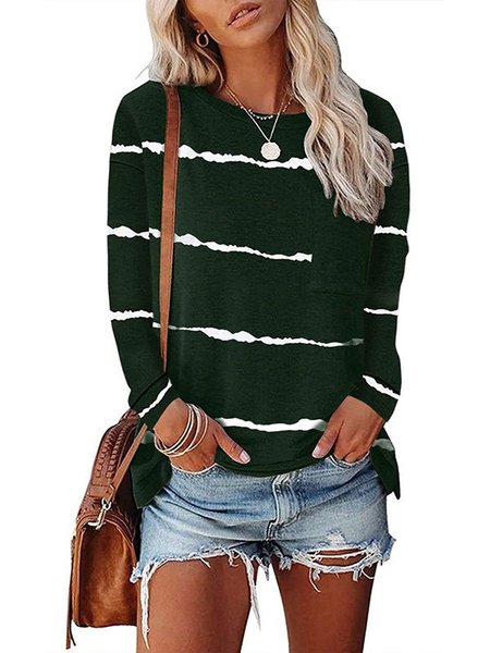 

Maniche Lunghe Girocollo Casuale Camicie & Top, Verde bianco, T-Shirts