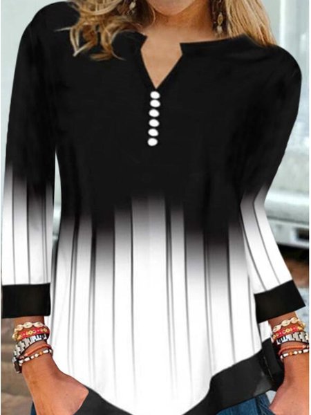 

Casuale Maniche Lunghe Scollo a V Top, Nero, T-Shirts