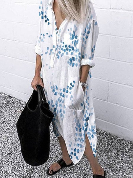 

Foglia Stampa Camicia Abito, Bianco, Maxi Dresses
