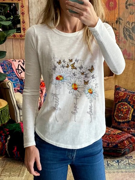 Cotton-Blend Casual Crew Neck Shirts & Tops, White, Long sleeve tops