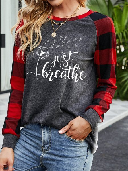 

Just Breathe Dandelion Sweatshirt Floral Plaid Long Sleeve Top, Gray, Hoodies&Sweatshirts