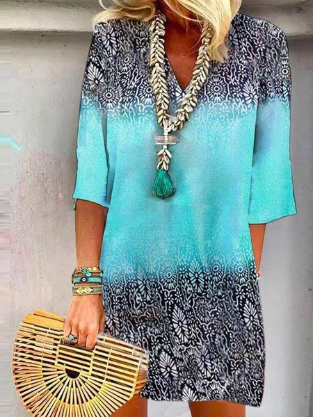 

Scollo a V Casuale Tribale Mezza Manica Abito, Blu, Midi Dresses