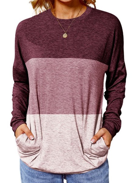 

Crew Neck Long Sleeve Color-Block Casual T-shirt, Pink, T-Shirts