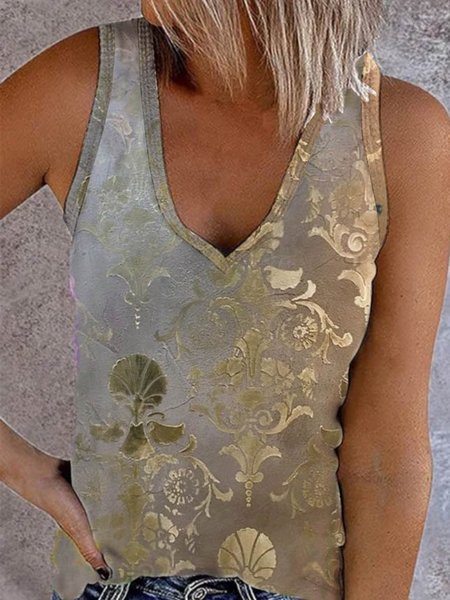 

V Neck Cotton-Blend Paisley Sleeveless Tanks & Camis, Yellow, Tank Top