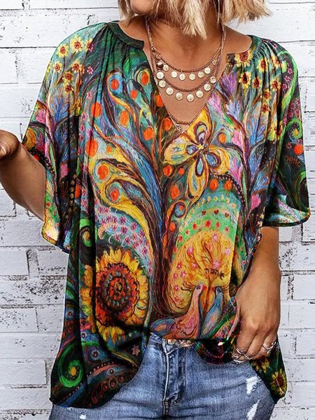 

Multicolor Floral Printed Half Sleeve V Neck Casual Shift Shirts & Tops, Tops