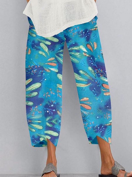 

Vintage Geometric Floral Printed Pockets Plus Size Casual Pants, Blue, Pants